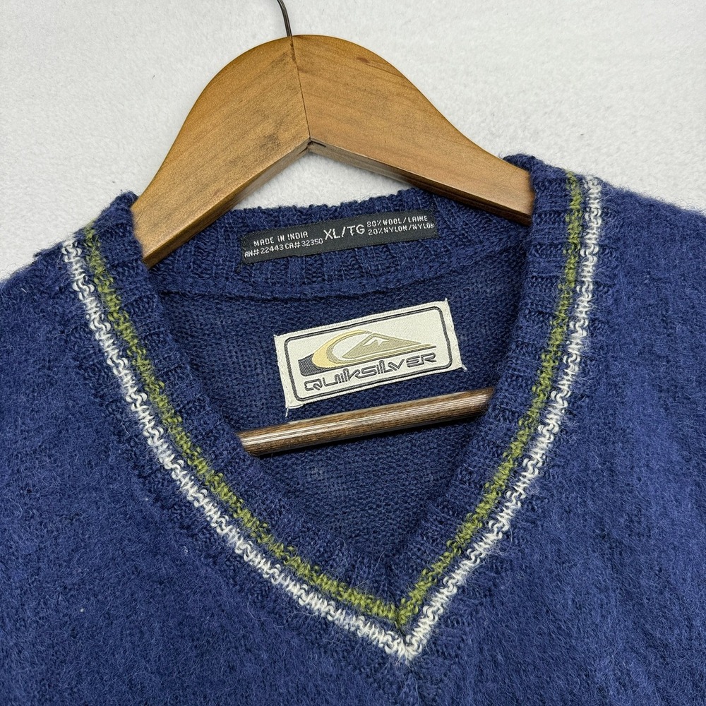 Vintage Quiksilver Sweater Mens XL Blue Surf Wool Blend Shaggy V Neck Solid 90s